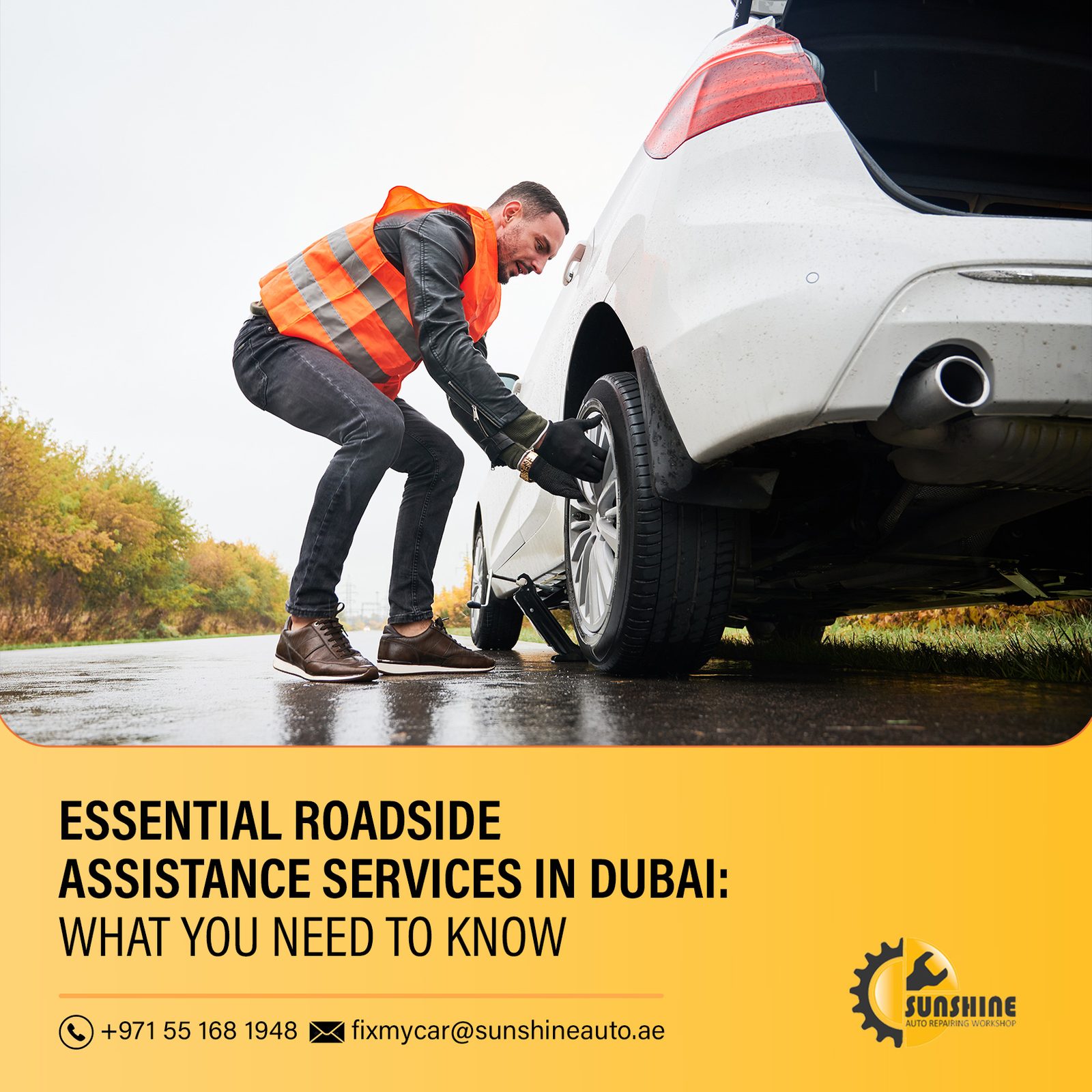 Man changing a tyre on a white car at the roadside, with the title Essential Roadside Assistance Services in Dubai