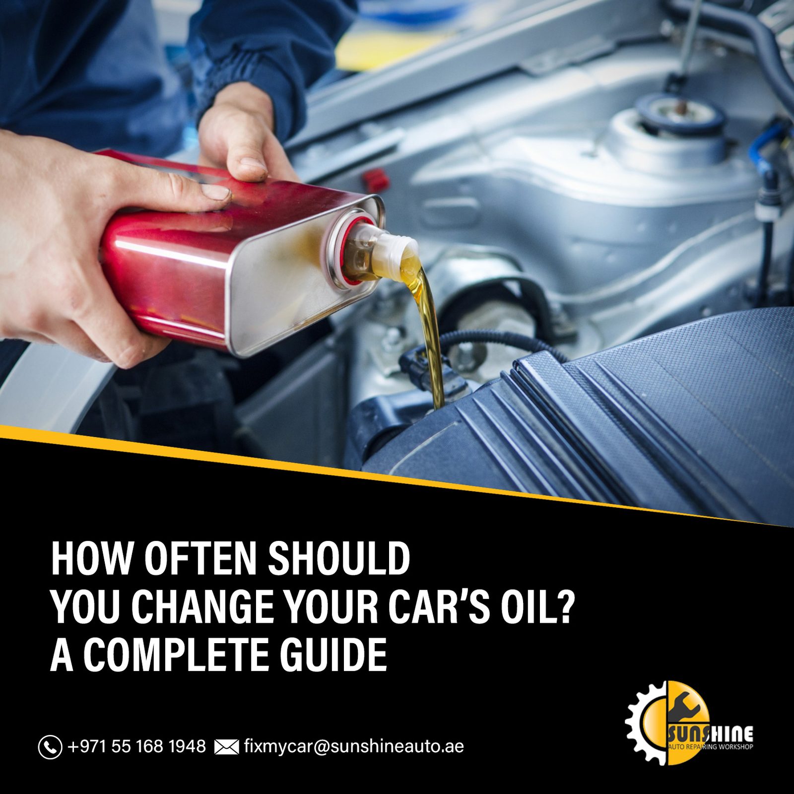 Engine oil being poured into a car engine, with the title How Often Should You Change Your Car's Oil
