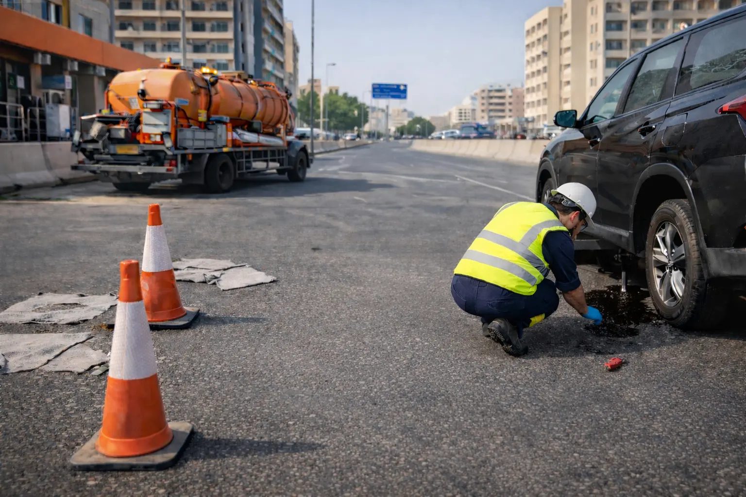 Roadside worker in a hi-vis vest changing a car wheel behind traffic cones