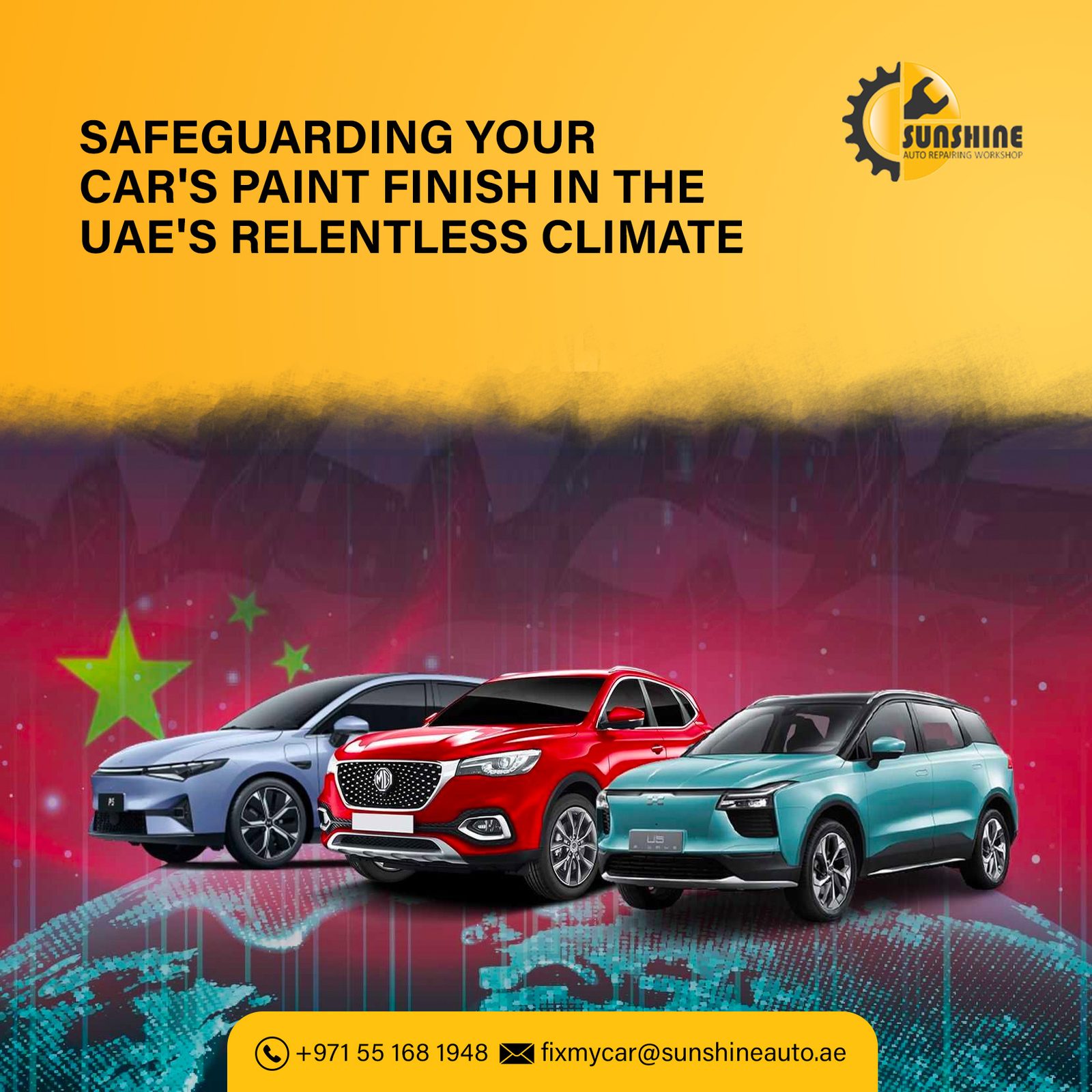Three cars on a red background with the title Safeguarding Your Car's Paint Finish in the UAE's Relentless Climate