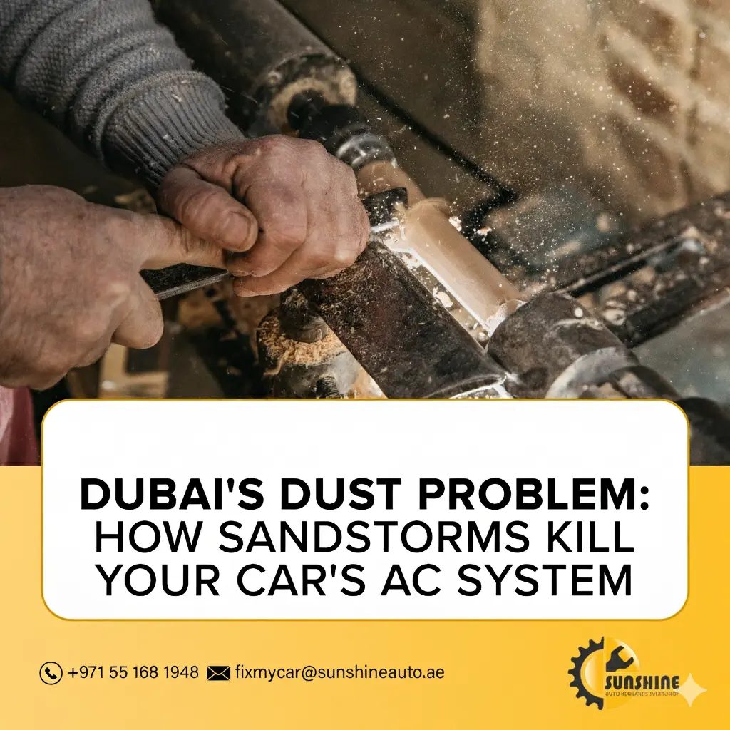Hands cleaning a dusty car part, with the title Dubai's Dust Problem: How Sandstorms Kill Your Car's AC System